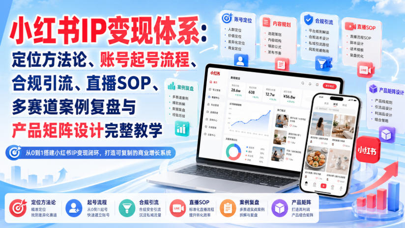 小红书IP变现体系：定位方法论、账号起号流程、合规引流、直播SOP、多赛道案例复盘与产品矩阵设计完整教学-MFXUI中国站
