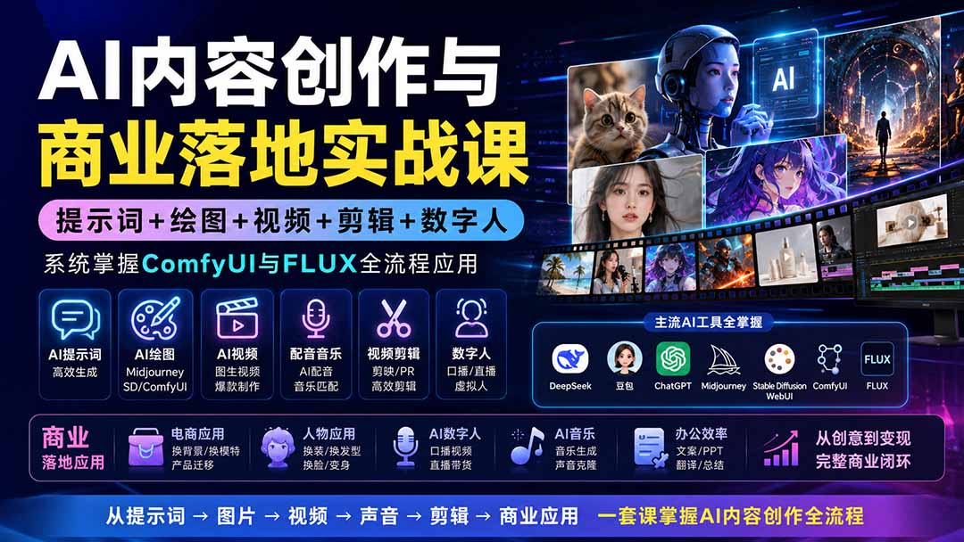 AI内容创作与商业落地实战课：提示词+绘图+视频+剪辑+数字人，系统掌握ComfyUI与FLUX全流程应用-MFXUI中国站