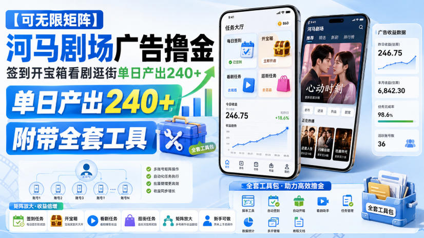 【可无限矩阵】河马剧场广告撸金，签到开宝箱看剧逛街单日产出240+，附带全套工具【揭秘】-MFXUI中国站