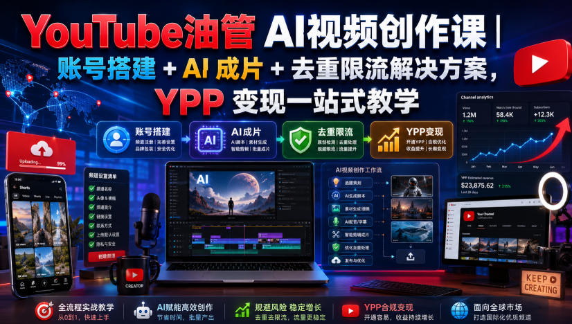 YouTube油管AI视频创作课｜账号搭建+AI成片+去重限流解决方案，YPP变现一站式教学(更新0817)-MFXUI中国站