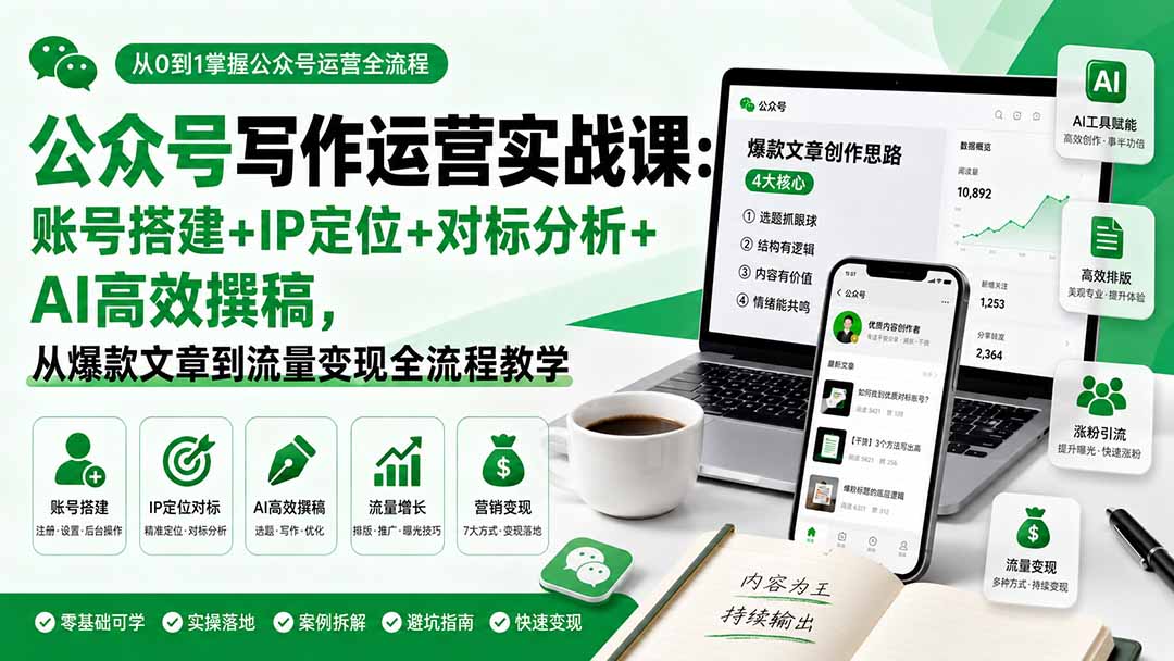 公众号写作运营实战课:账号搭建+IP定位+对标分析+AI高效撰稿,从爆款文章到流量变现全流程教学-MFXUI中国站