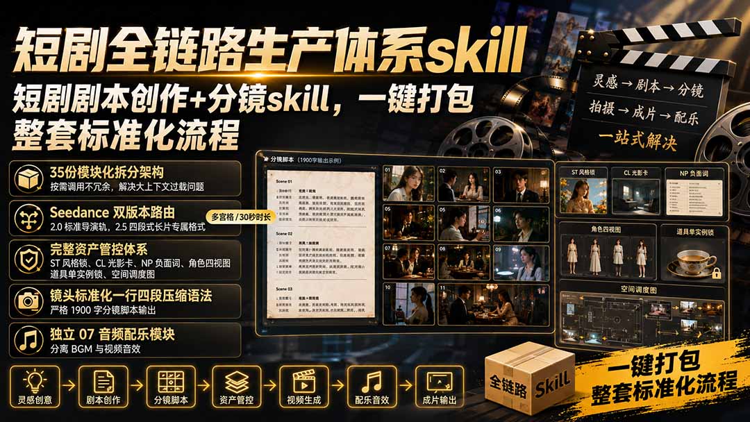 短剧全链路生产体系skill，短剧剧本创作+分镜skill，一键打包，整套标准化流程-MFXUI中国站
