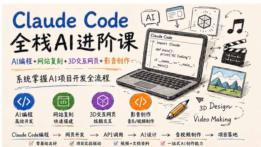 Claude Code全栈AI进阶课；AI编程+网站复刻+3D交互网页+影音创作，系统掌握AI项目开发全流程-MFXUI中国站