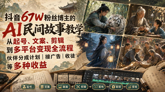 抖音67W粉丝博主的AI民间故事教学，从起号、文案、剪辑到多平台变现全流程，伙伴分成计划接广告等多种收益，月入1W+-MFXUI中国站