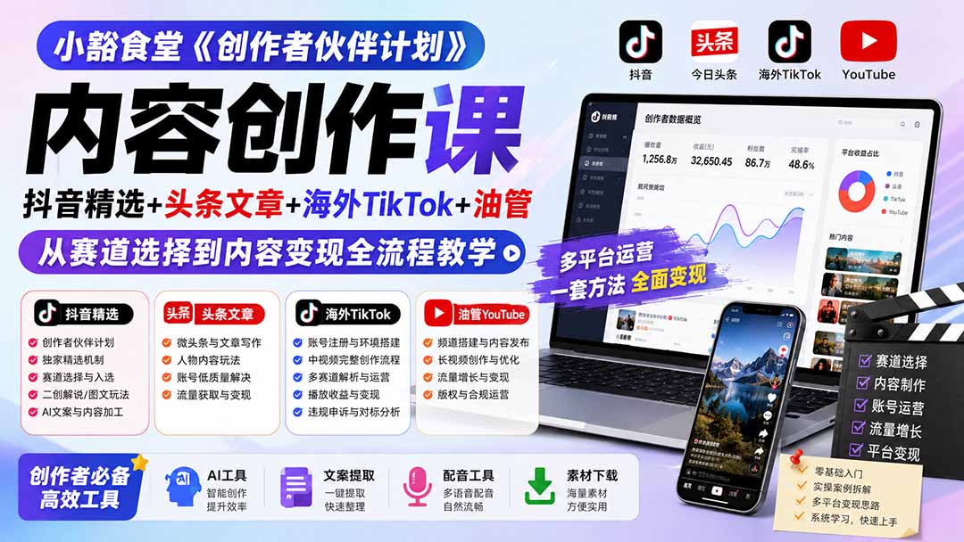 小豁食堂《创作者伙伴计划》内容创作课：抖音精选+头条文章+海外TikTok+油管，从赛道选择到内容变现全流程教学-MFXUI中国站