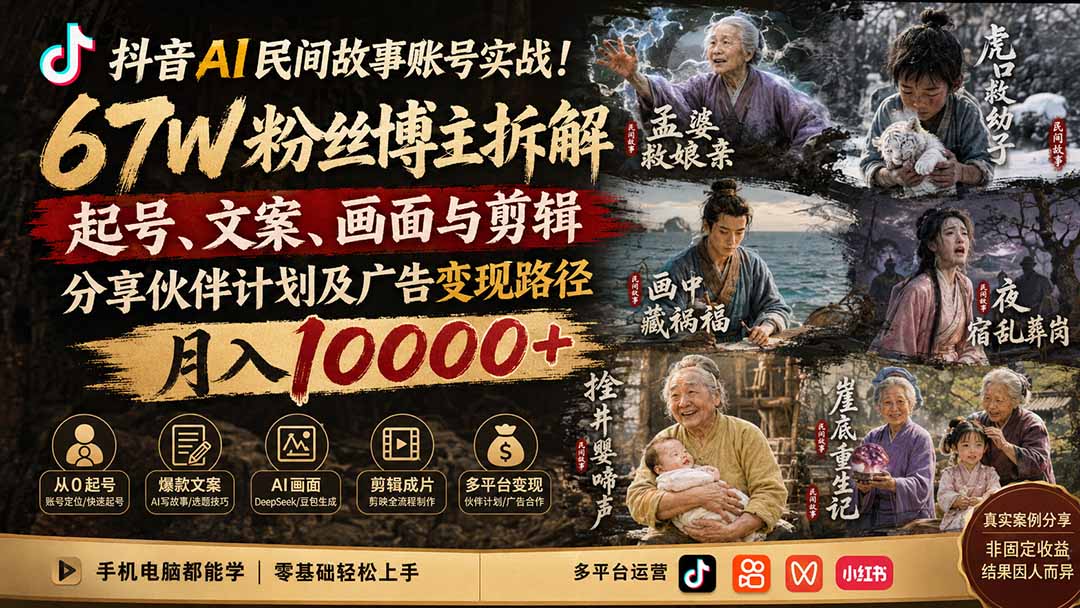 抖音AI民间故事账号实战！67W粉丝博主拆解起号、文案、画面与剪辑，分享伙伴计划及广告变现路径，月入10000+-MFXUI中国站
