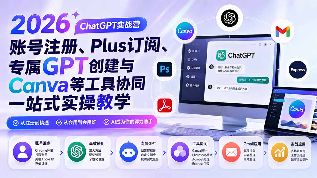 2026 ChatGPT实战营;账号注册、Plus订阅、专属GPT创建与Canva等工具协同一站式实操教学-MFXUI中国站