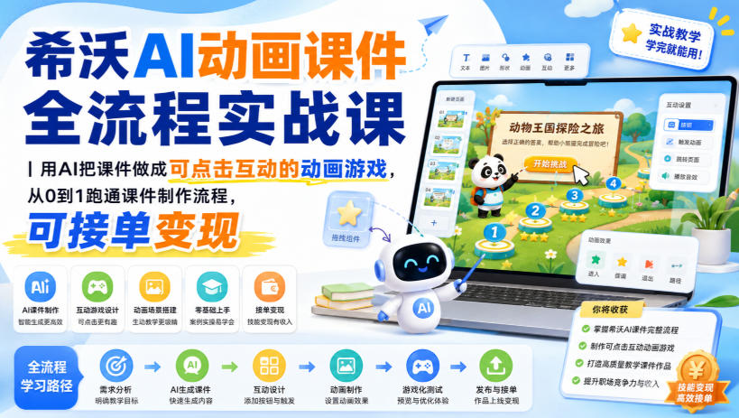 希沃AI动画课件全流程实战课|用AI把课件做成可点击互动的动画游戏,从0到1跑通课件制作流程,可接单变现-MFXUI中国站