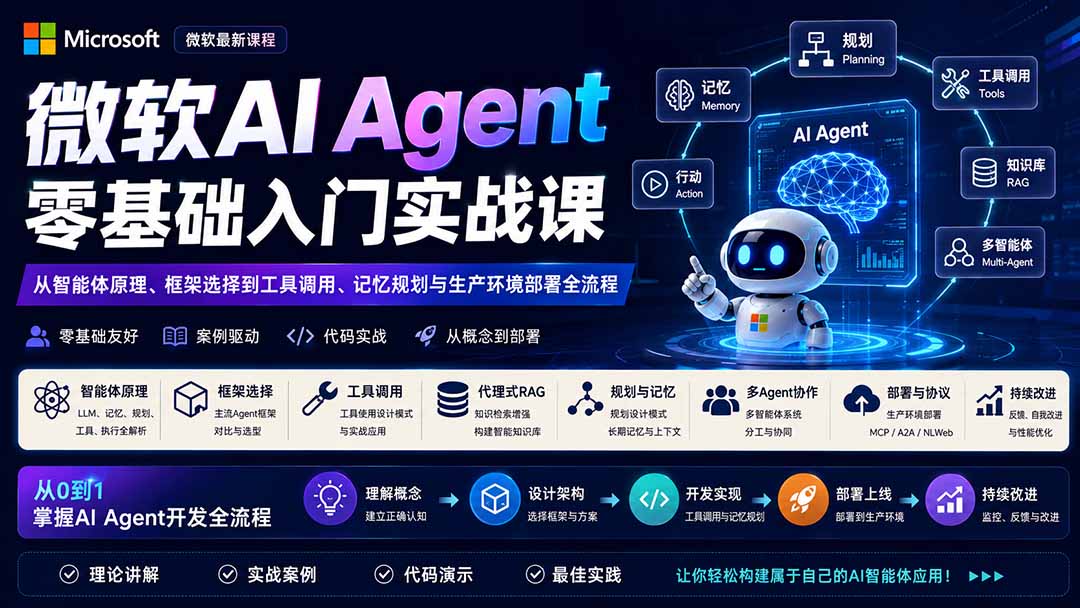 微软AI Agent零基础入门实战课:从智能体原理、框架选择到工具调用、记忆规划与生产环境部署全流程-MFXUI中国站
