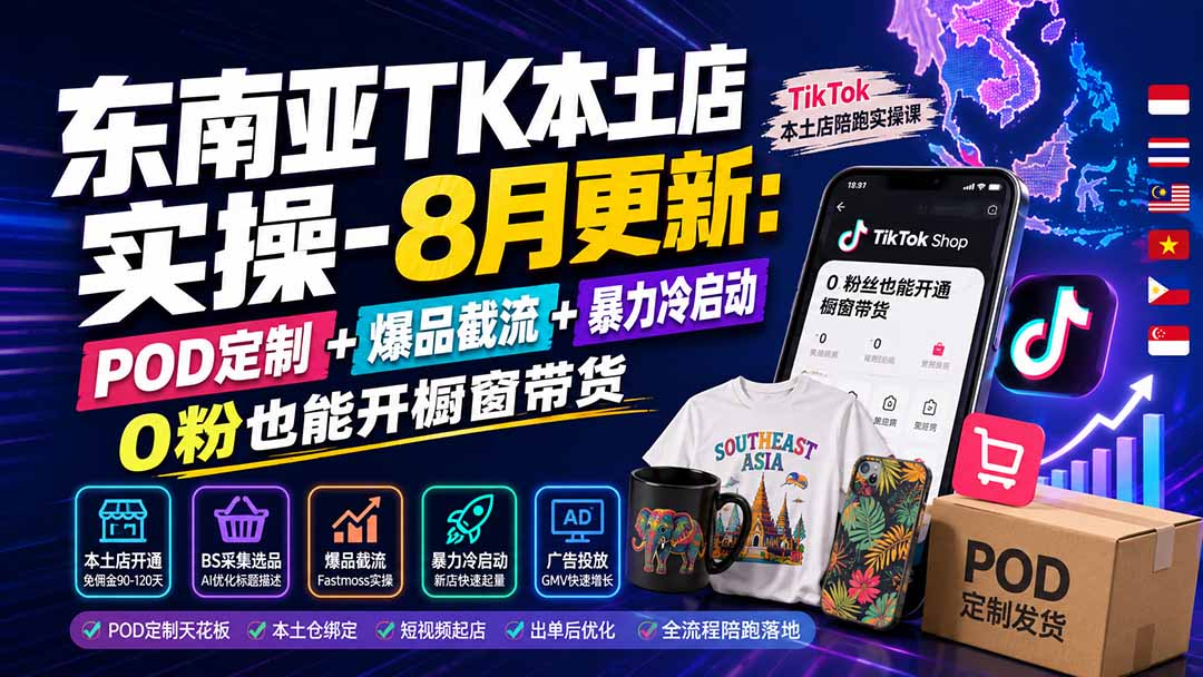 东南亚TK本土店实操-8月更新：POD定制+爆品截流+暴力冷启动，0粉也能开橱窗带货-MFXUI中国站