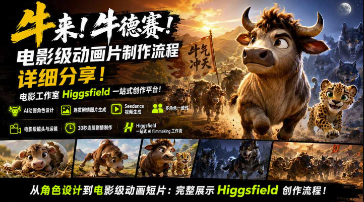 牛来！牛德赛！电影级动画片制作流程详细分享！电影工作室Higgsfield一站式创作平台，完整创作流程-MFXUI中国站