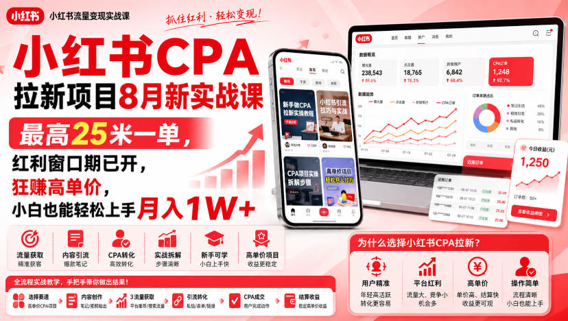 小红书CPA拉新项目8月新实战课，最高25米一单，红利窗口期已开，狂賺高单价，小白也能轻松上手月入1W+-MFXUI中国站
