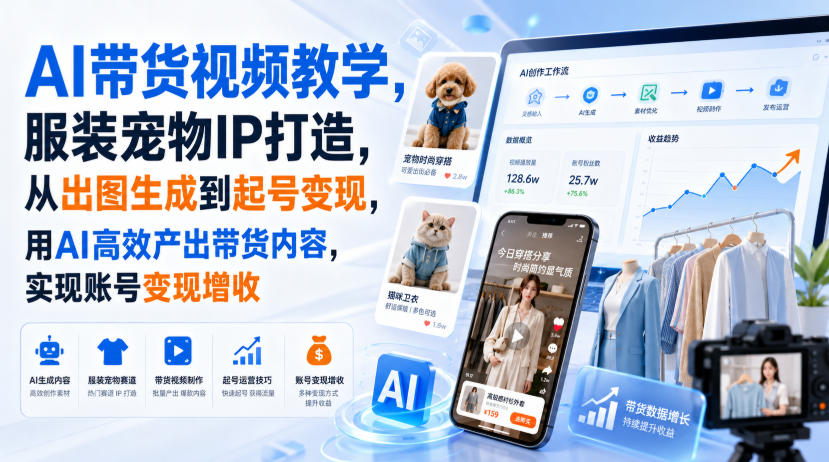 AI带货视频教学，服装宠物IP打造，从出图生成到起号变现，用AI高效产出带货内容，实现账号变现增收-MFXUI中国站