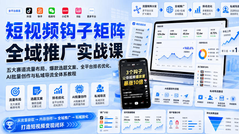 短视频钩子矩阵全域推广实战课|五大赛道流量布局、爆款选题文案、全平台排名优化、AI批量创作与私域导流全体系教程-MFXUI中国站