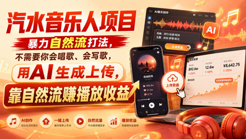 汽水音乐人项目，暴力自然流打法，不需要你会唱歌、会写歌，用AI生成上传，靠自然流賺播放收益-MFXUI中国站
