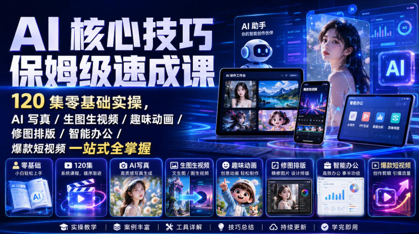 AI核心技巧保姆级速成课｜120集零基础实操，AI写真/生图生视频/趣味动画/修图排版/智能办公/爆款短视频一站式全掌握(更新)-MFXUI中国站