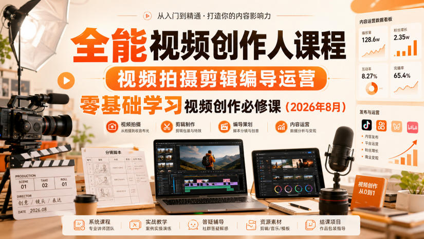 全能视频创作人课程，视频拍摄剪辑编导运营，零基础学习视频创作必修课(2026年8月)-MFXUI中国站