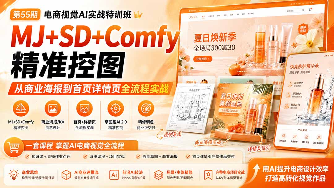 电商视觉 AI实战训练营第55期：MJ+SD+Comfy精准控图，从商业海报到首页详情页全流程实战-MFXUI中国站