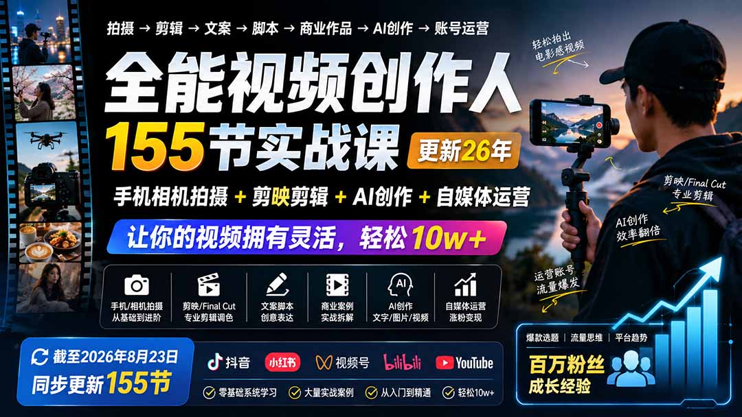 全能视频创作人155节实战课-更新26年8月：手机相机拍摄+剪映剪辑+AI创作+自媒体运营，让你的视频拥有灵活，轻松10w-MFXUI中国站