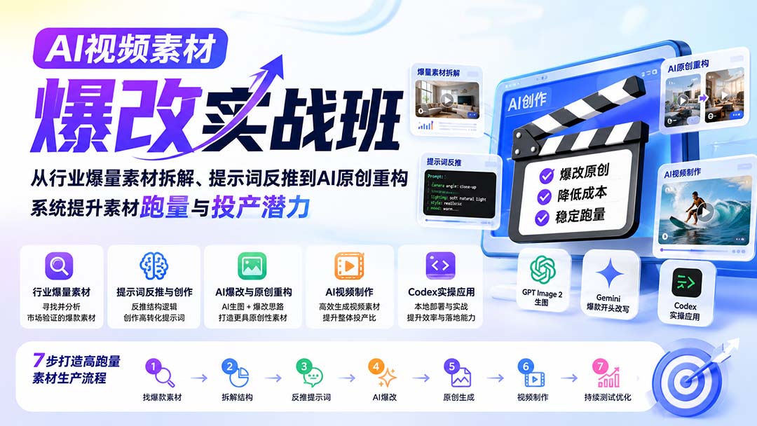 AI视频素材爆改实战班-更新8月:从行业爆量素材拆解、提示词反推到AI原创重构,系统提升素材跑量与投产潜力-MFXUI中国站