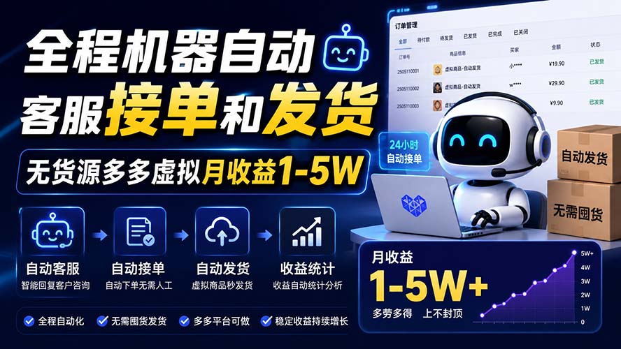 全程机器自动客服接单和发货，无货源多多虚拟月收益1-5W-MFXUI中国站