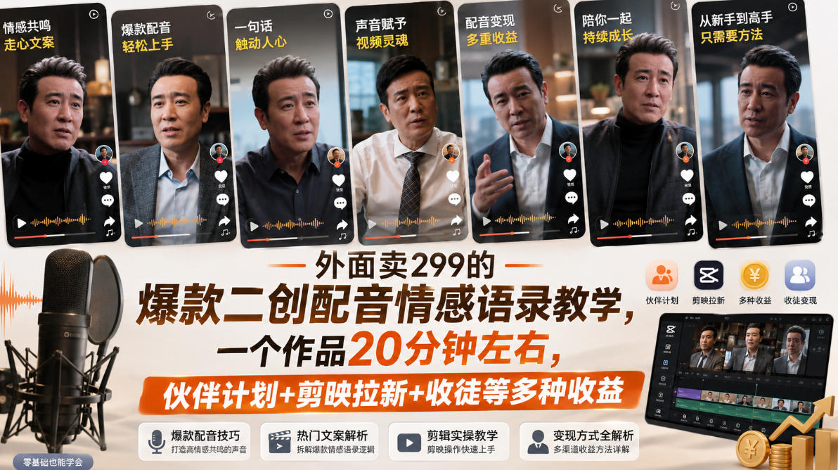 外面卖299的爆款二创配音情感语录教学，一个作品20分钟左右，伙伴计划+剪映拉新+收徒等多种收益-MFXUI中国站