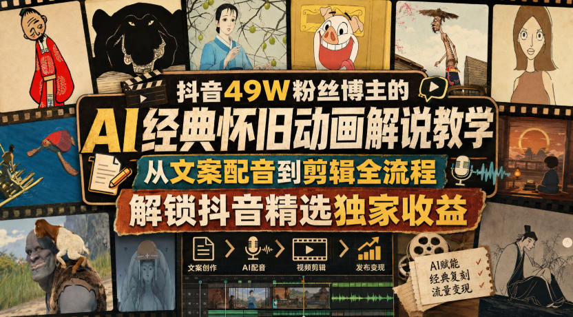抖音49W粉丝博主的AI经典怀旧动画解说教学,从文案配音到剪辑全流程,解锁抖音精选独家收益-MFXUI中国站