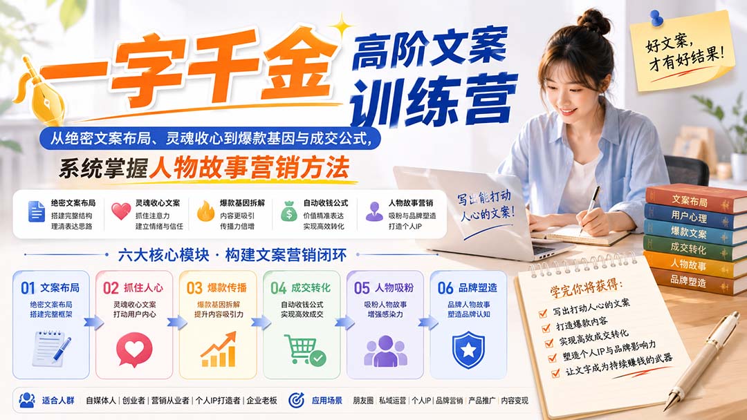 一字千金高阶文案训练营：从绝密文案布局、灵魂收心到爆款基因与成交公式，系统掌握人物故事营销方法-MFXUI中国站