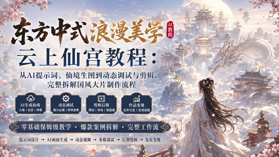 东方中式浪漫美学云上仙宫教程:从AI提示词、仙境生图到动态调试与剪辑,完整拆解国风大片制作流程-MFXUI中国站
