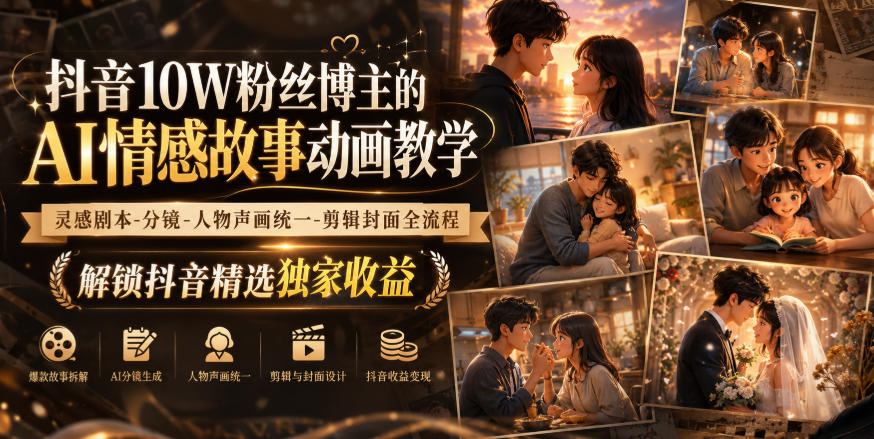 抖音10W粉丝博主的AI情感故事动画教学,灵感剧本‑分镜‑人物声画统一‑剪辑封面全流程,解锁抖音精选独家收益-MFXUI中国站