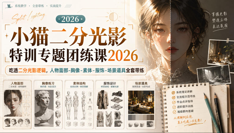 小猫二分光影特训专题团练课2026｜吃透二分光影逻辑，人物面部‑胸像‑素体‑服饰‑场景道具全套带练，高清画质附赠课件与笔刷-MFXUI中国站