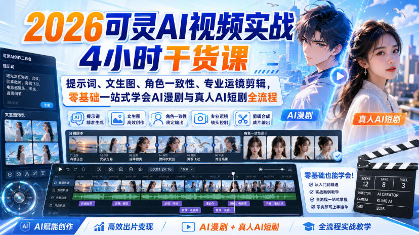 2026可灵AI视频实战4小时干货课|提示词、文生图、角色一致性、专业运镜剪辑,零基础一站式学会AI漫剧与真人AI短剧全流程-MFXUI中国站