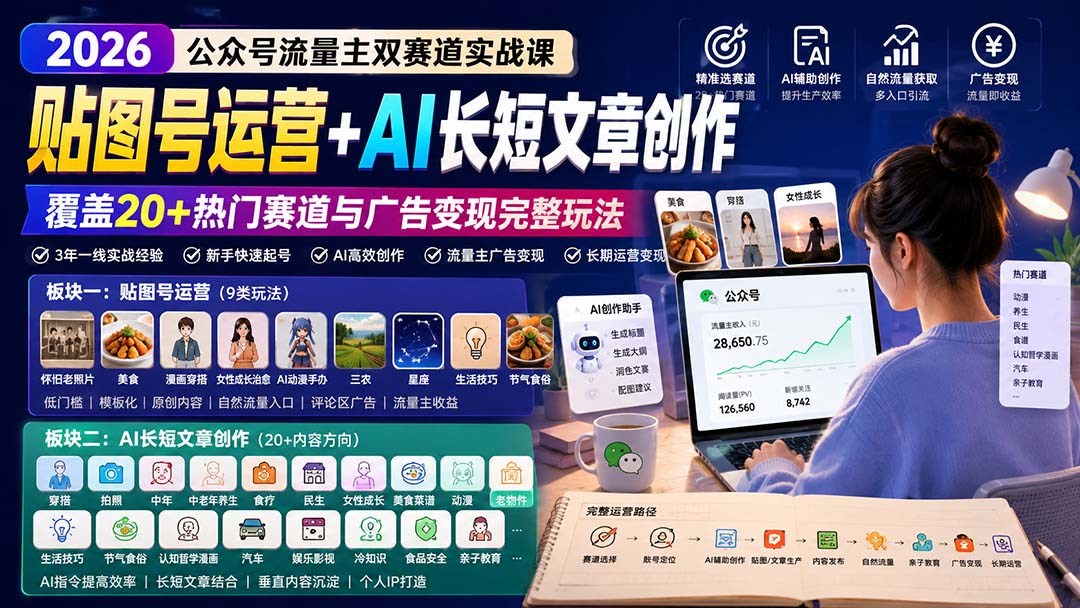 公众号流量主双赛道实战课：贴图号运营+AI长短文章创作，覆盖20+热门赛道与广告变现完整玩法-MFXUI中国站