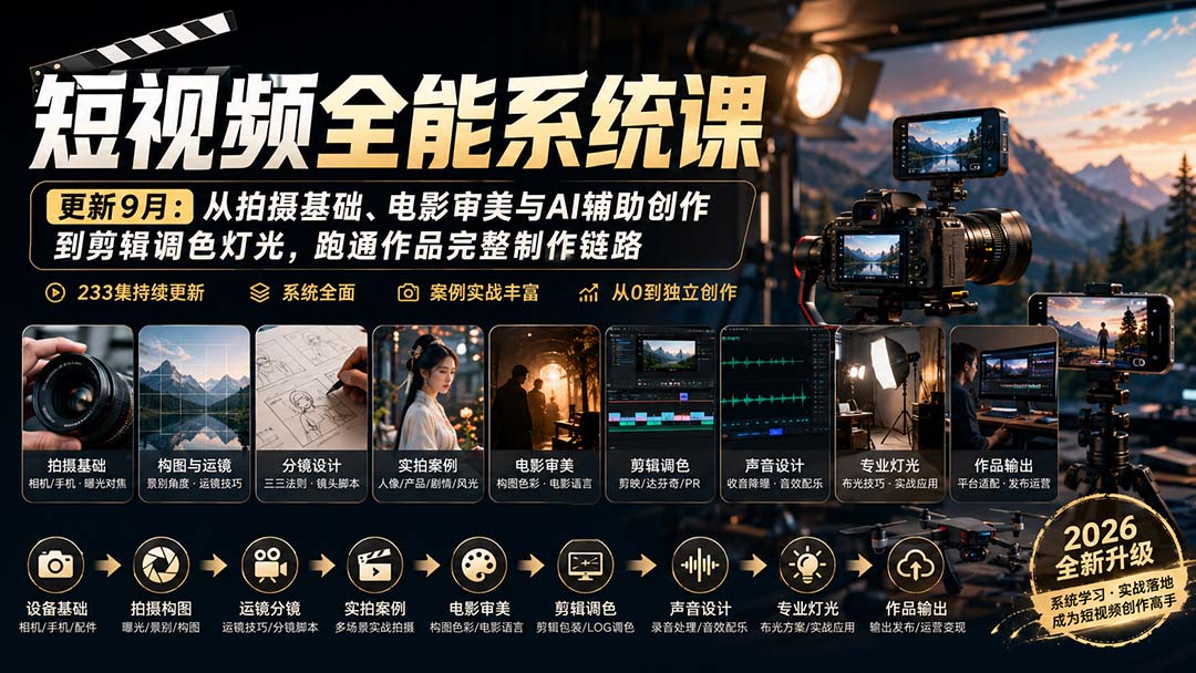 短视频全能系统课-更新8月233集：从拍摄基础、电影审美与AI辅助创作到剪辑调色灯光，跑通作品完整制作链路-MFXUI中国站