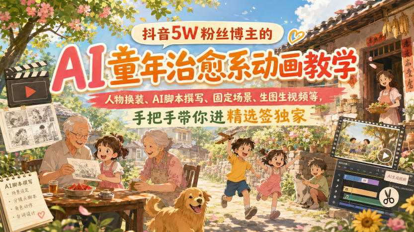 抖音5W粉丝博主的AI童年治愈系动画教学,人物换装、AI脚本撰写、固定场景、生图生视频等,手把手带你进精选签独家-MFXUI中国站
