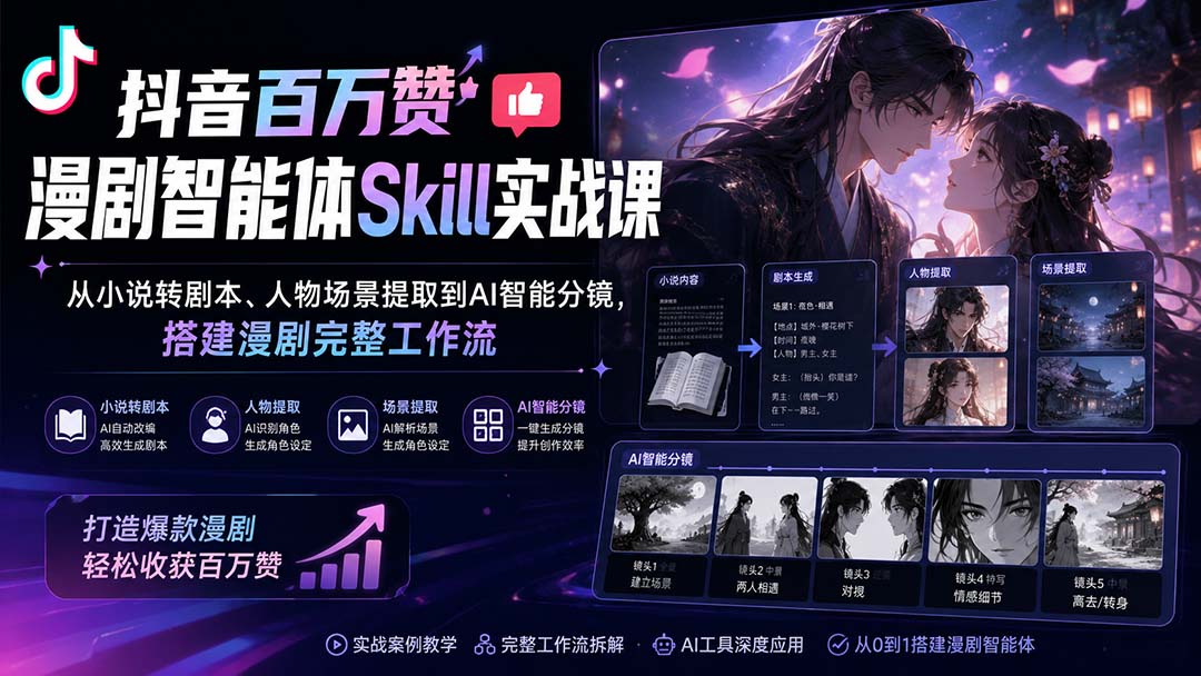 抖音百万赞漫剧智能体Skill实战课：从小说转剧本、人物场景提取到AI智能分镜，搭建漫剧完整工作流-MFXUI中国站