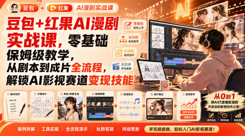 豆包+红果AI漫剧实战课,零基础保姆级教学,从剧本到成片全流程,解锁AI影视赛道变现技能-MFXUI中国站