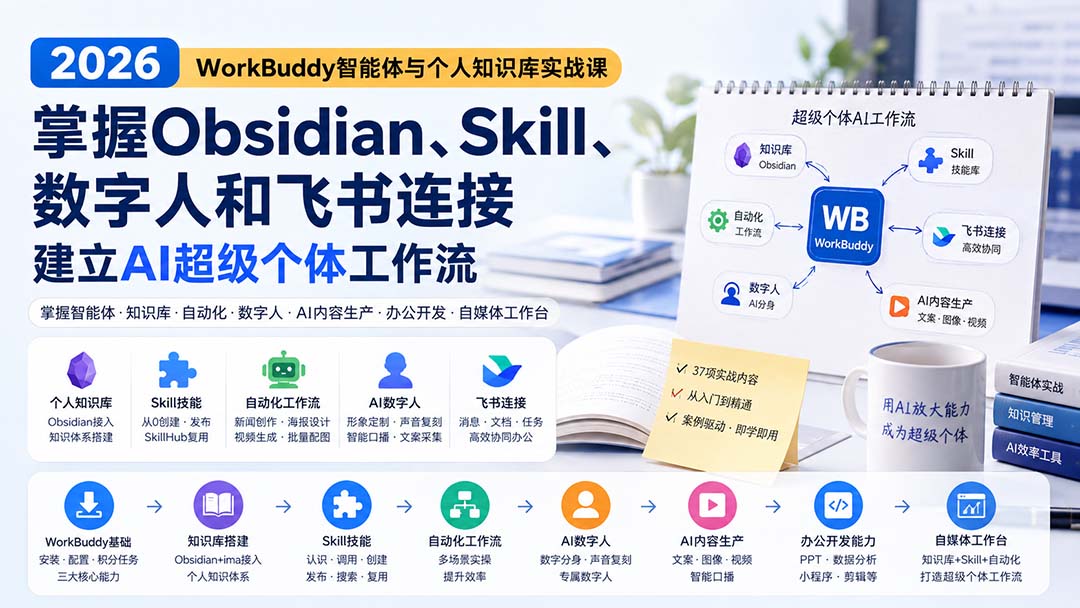 2026 WorkBuddy智能体与个人知识库实战课：掌握Obsidian、Skill、数字人和飞书连接，建立AI超级个体工作流-MFXUI中国站