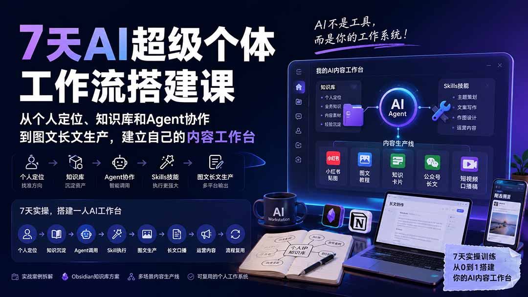 7天AI超级个体工作流搭建课：从个人定位、知识库和Agent协作到图文长文生产，建立自己的内容工作台-MFXUI中国站