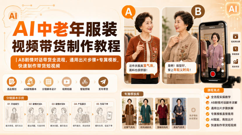 AI中老年服装视频带货制作教程|AB剧情对话带货全流程,通用出片步骤+专属模板,快速制作带货短视频-MFXUI中国站