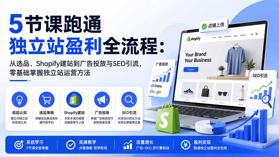 图片[1]-5节课跑通独立站盈利全流程：从选品、Shopify建站到广告投放与SEO引流，零基础掌握独立站运营方法-MFXUI中国站