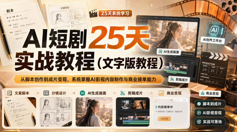 AI短剧25天实战教程(文字版教程)，从脚本创作到成片变现，系统掌握AI影视内容制作与商业接单能力-MFXUI中国站