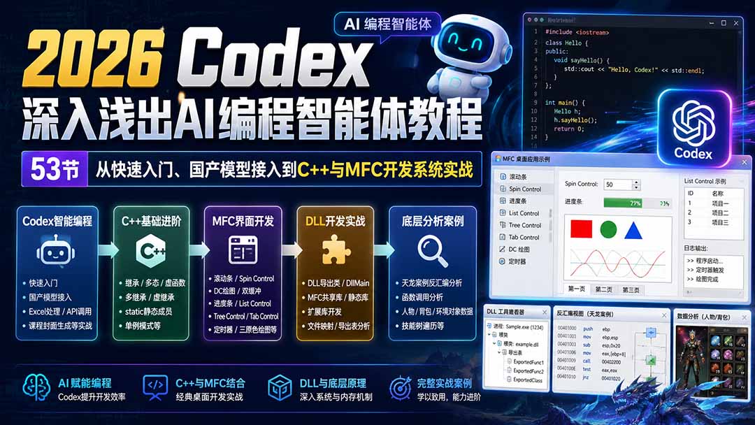 2026 Codex深入浅出AI编程智能体教程：53节从快速入门、国产模型接入到C++与MFC开发系统实战-MFXUI中国站