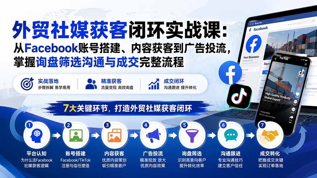 外贸社媒获客闭环实战课：从Facebook账号搭建、内容获客到广告投流，掌握询盘筛选沟通与成交完整流程-MFXUI中国站