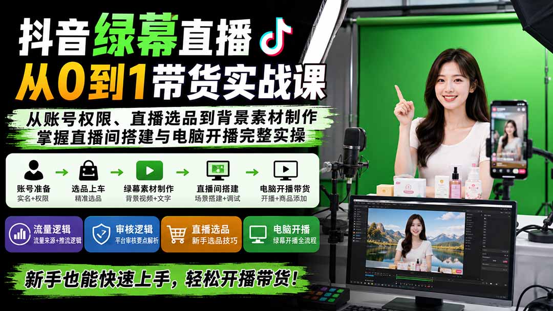 抖音绿幕直播从0到1带货实战课：从账号权限、直播选品到背景素材制作，掌握直播间搭建与电脑开播完整实操-MFXUI中国站
