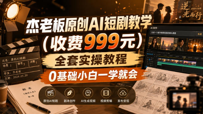 杰老板原创AI短剧教学(收费999元),全套实操教程,0基础小白一学就会,非搬运技术