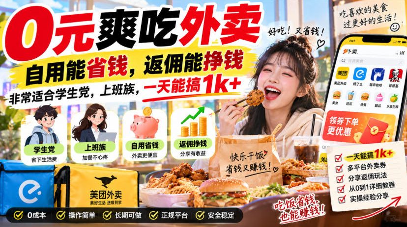 0元爽吃外卖，自用能省钱，返佣能挣钱，非常适合学生党，上班族，一天能搞1k+-MFXUI中国站