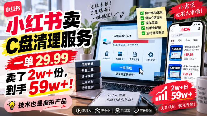 小红书卖C盘清理服务，一单29.99，卖了2w+份，技术也是虚拟产品-MFXUI中国站
