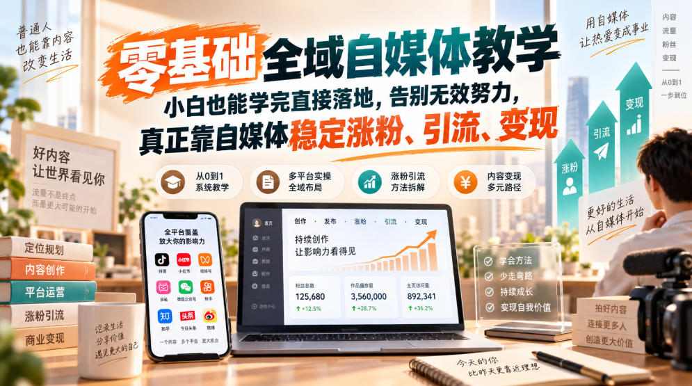 零基础全域自媒体教学，小白也能学完直接落地，告别无效努力，真正靠自媒体稳定涨粉、引流、变现-MFXUI中国站