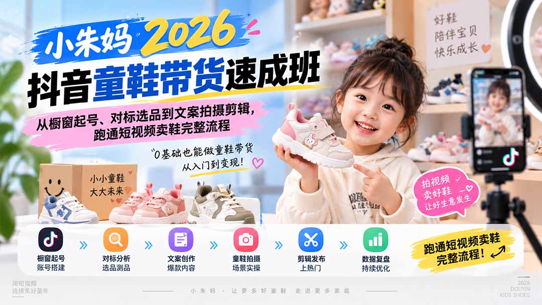 小朱妈2026抖音童鞋带货速成班：从橱窗起号、对标选品到文案拍摄剪辑，跑通短视频卖鞋完整流程-MFXUI中国站